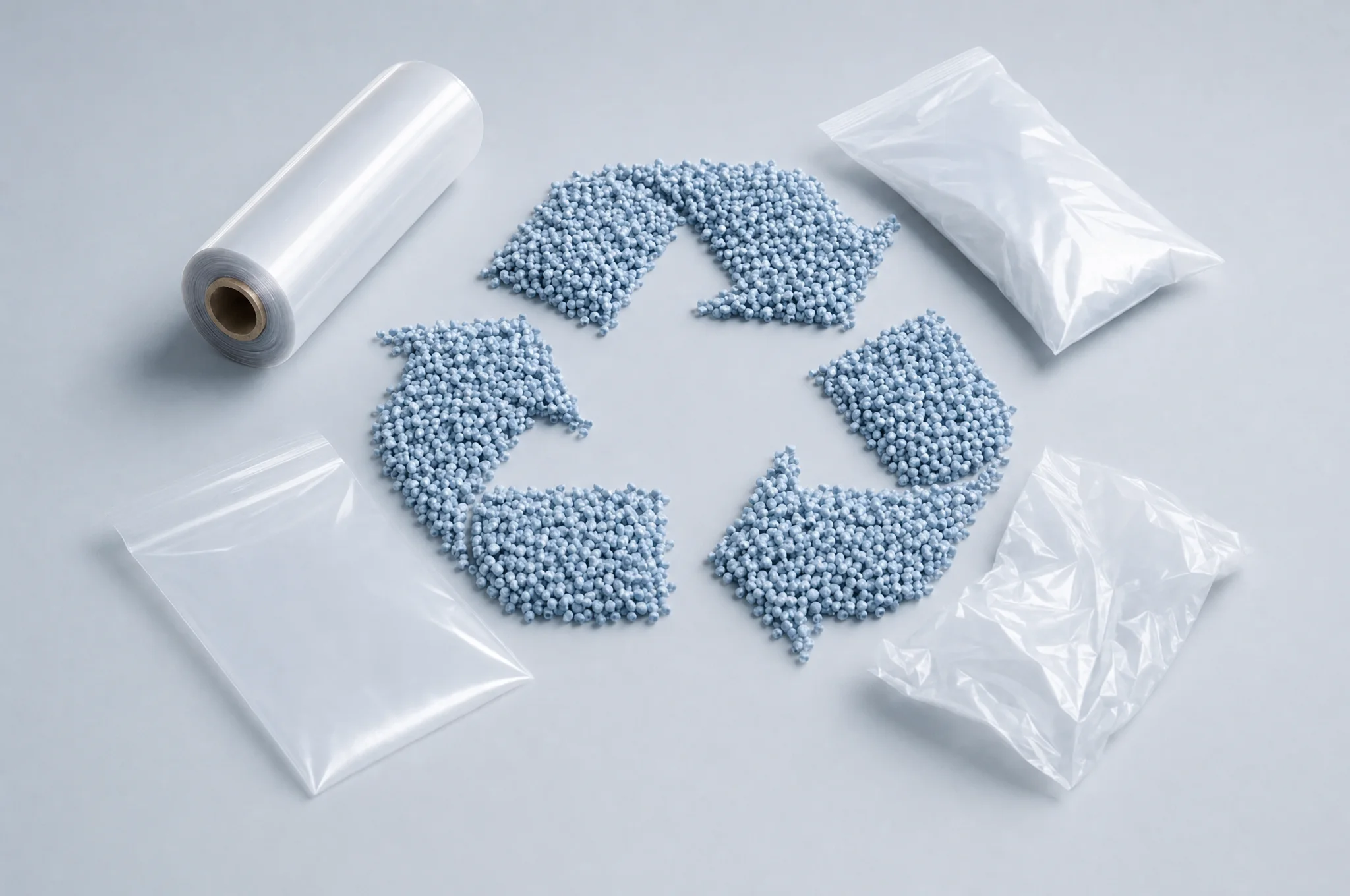 Recyclingsymbol aus Kunststoffgranulat mit PE-Folienrolle und PE-Beuteln