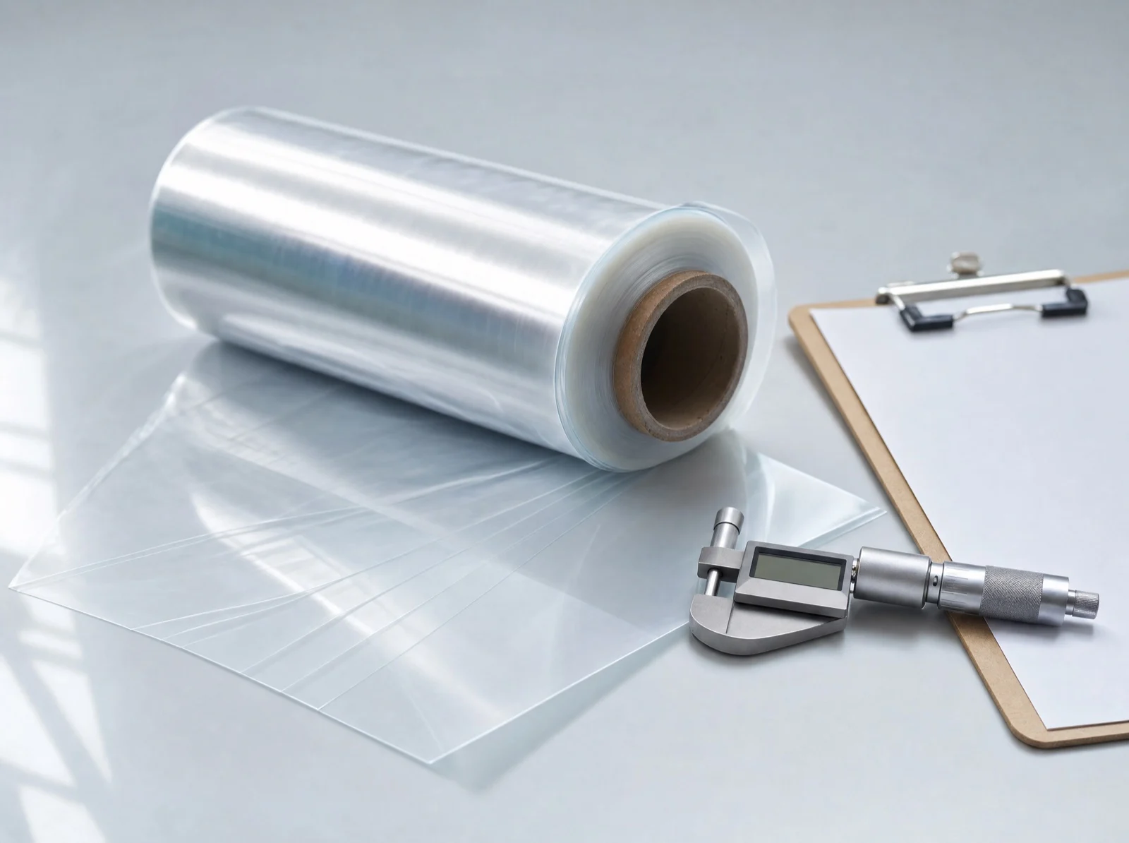 Rolle transparenter Folie mit Zuschnitten, Bügelmessschraube und Klemmbrett